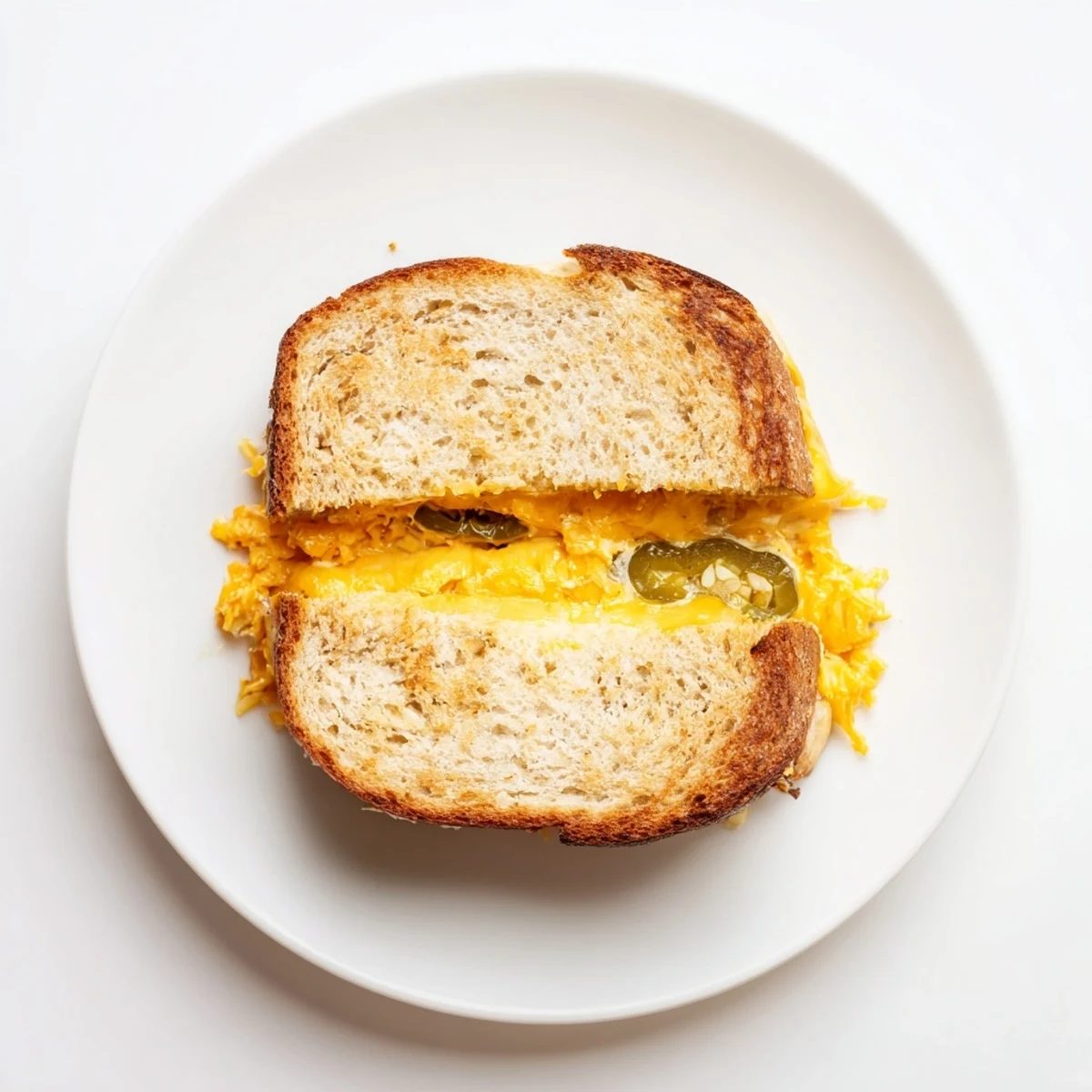 Ein goldbraunes, knuspriges Cheddar Jalapeño Grilled Cheese liegt auf einer Holztischplatte, geschmolzener Käse zieht Fäden, frische Scheiben Jalapeño sorgen für scharfen Kontrast.