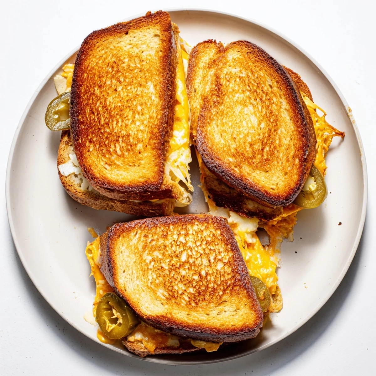 Ein gestapeltes Cheddar Jalapeño Grilled Cheese zeigt goldbraune Butterkruste, pickled Jalapeños funkeln leuchtend zwischen geschmolzenem Cheddar und rustikalen Sauerteigscheiben.