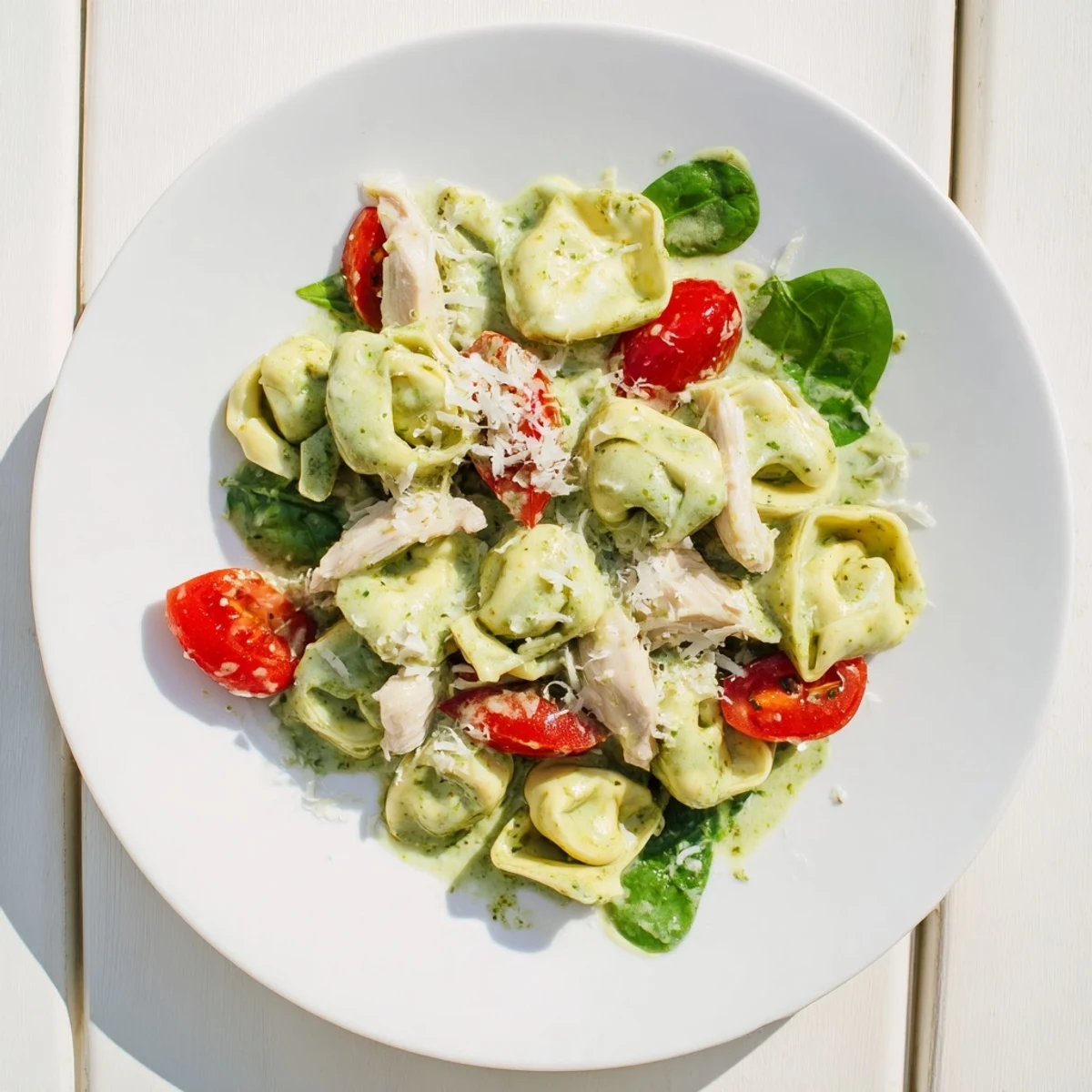 Ein topfrisches Foto von cremigem Pesto-Tortellini-Skillet mit Hähnchen und Babyspinat.