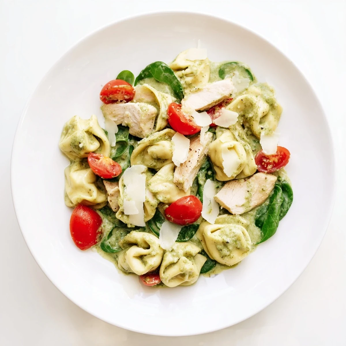 Leckerer Käse-Tortellini-Skillet mit cremiger Pesto-Sauce, Garnitur aus Basilikum und Kirschtomaten.