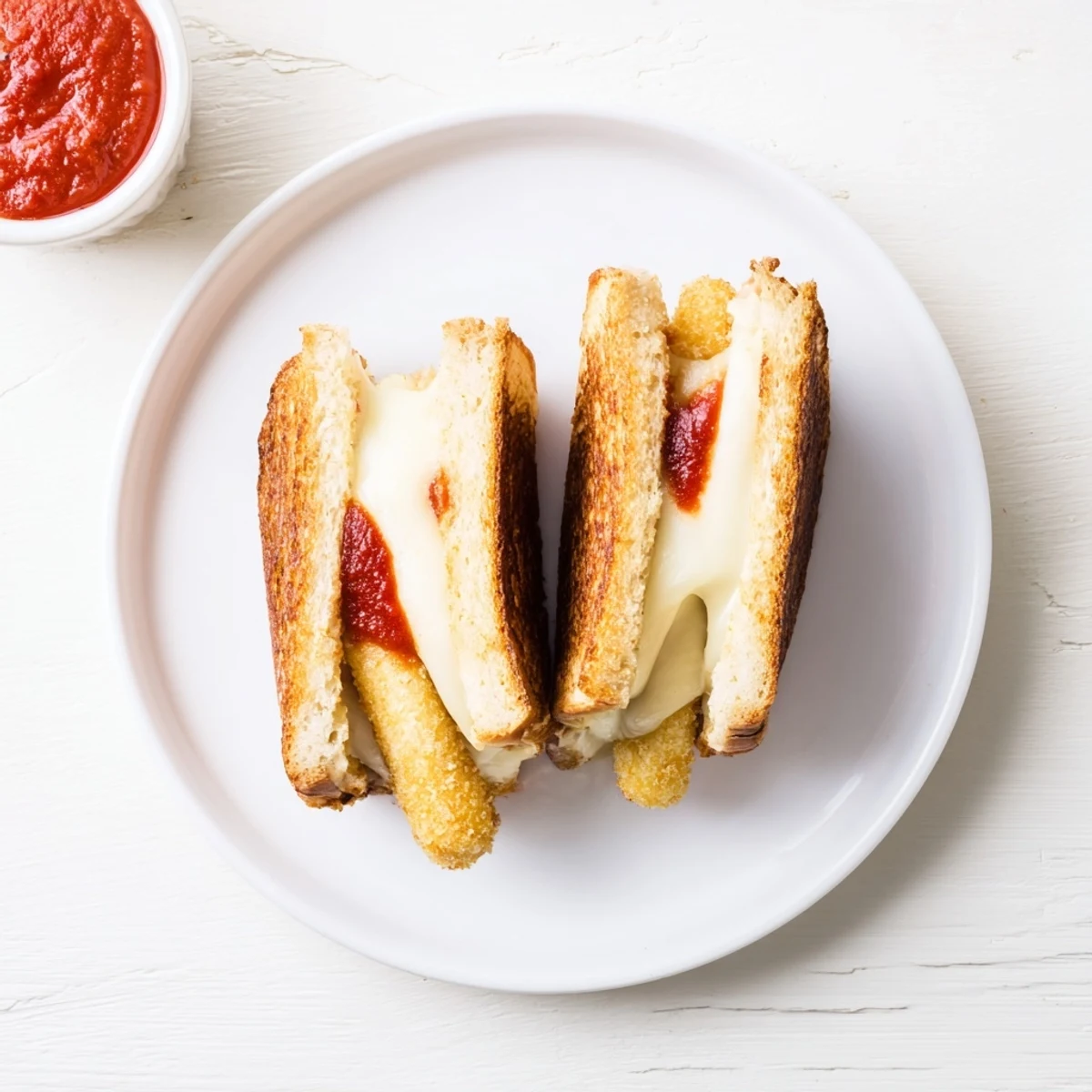 Gepresste Mozzarella Stick Grilled Cheese auf Sauerteig, Käse quillt hervor, mit Marinara-Dip auf dem Teller.