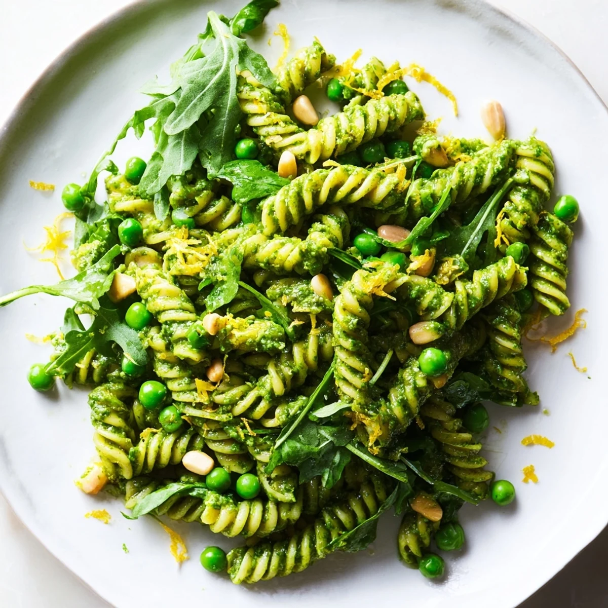 600 g gekochte Nudeln mit grünem Pesto, Erbsen und Rucola für eine leckere Beilage.