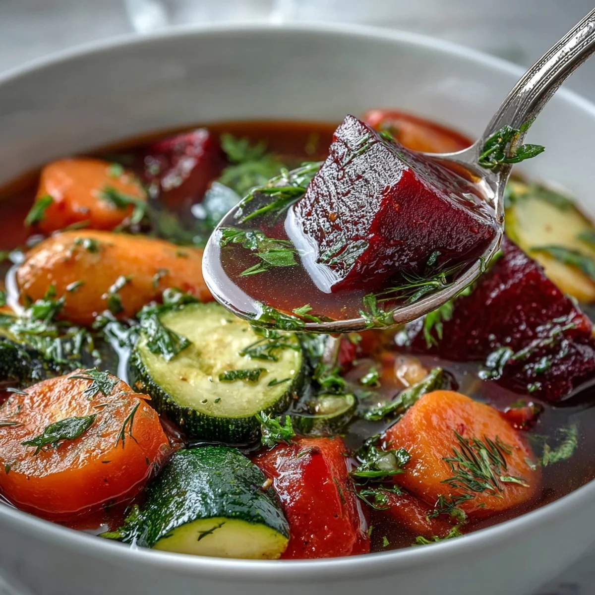 Vibrant Rainbow Vegetable Detox Soup with red beetroot, green zucchini, and fresh herbs in a rustic pot.  