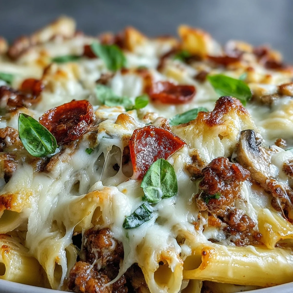 Hochprotein-Nudelauflauf mit Rindfleisch und Käse, herrlich überbacken und heiß serviert.