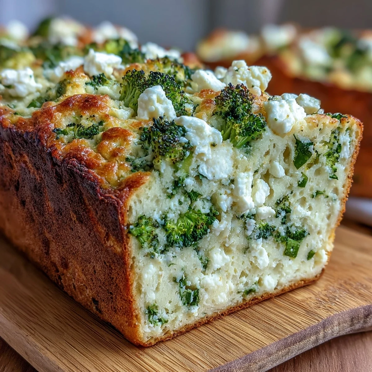 Ein saftiges Brokkoli und Feta Brot mit zerlassener Butter und aromatischem Käse im Ofenlicht.