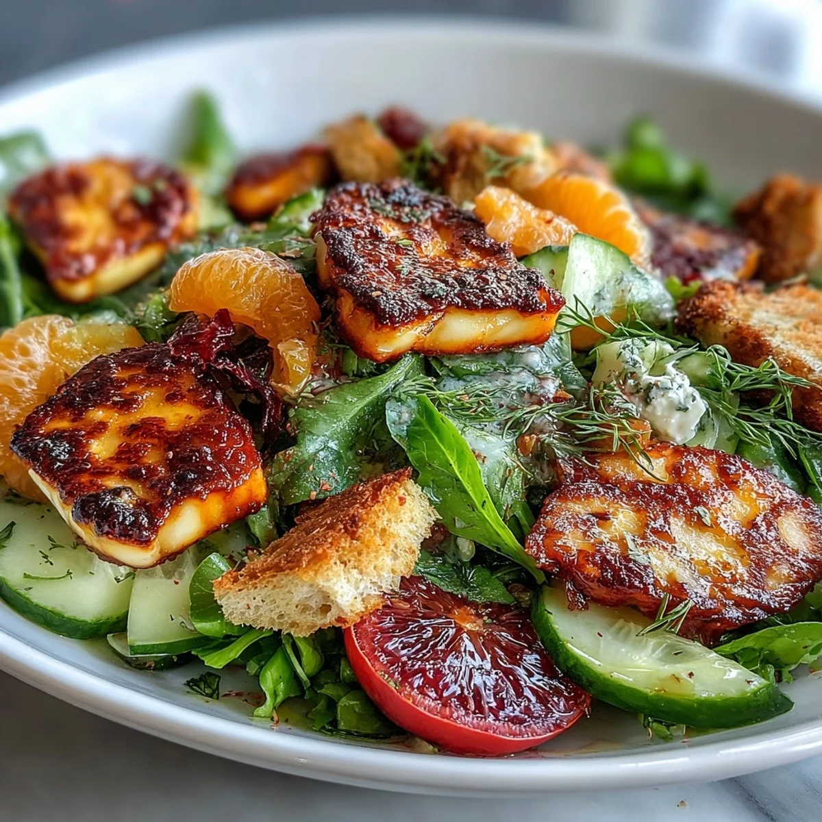 Gegartes Halloumi Blood Orange Fattoush mit frischen Grünkohl und spritzigen Zitronenscheiben auf dem Teller.