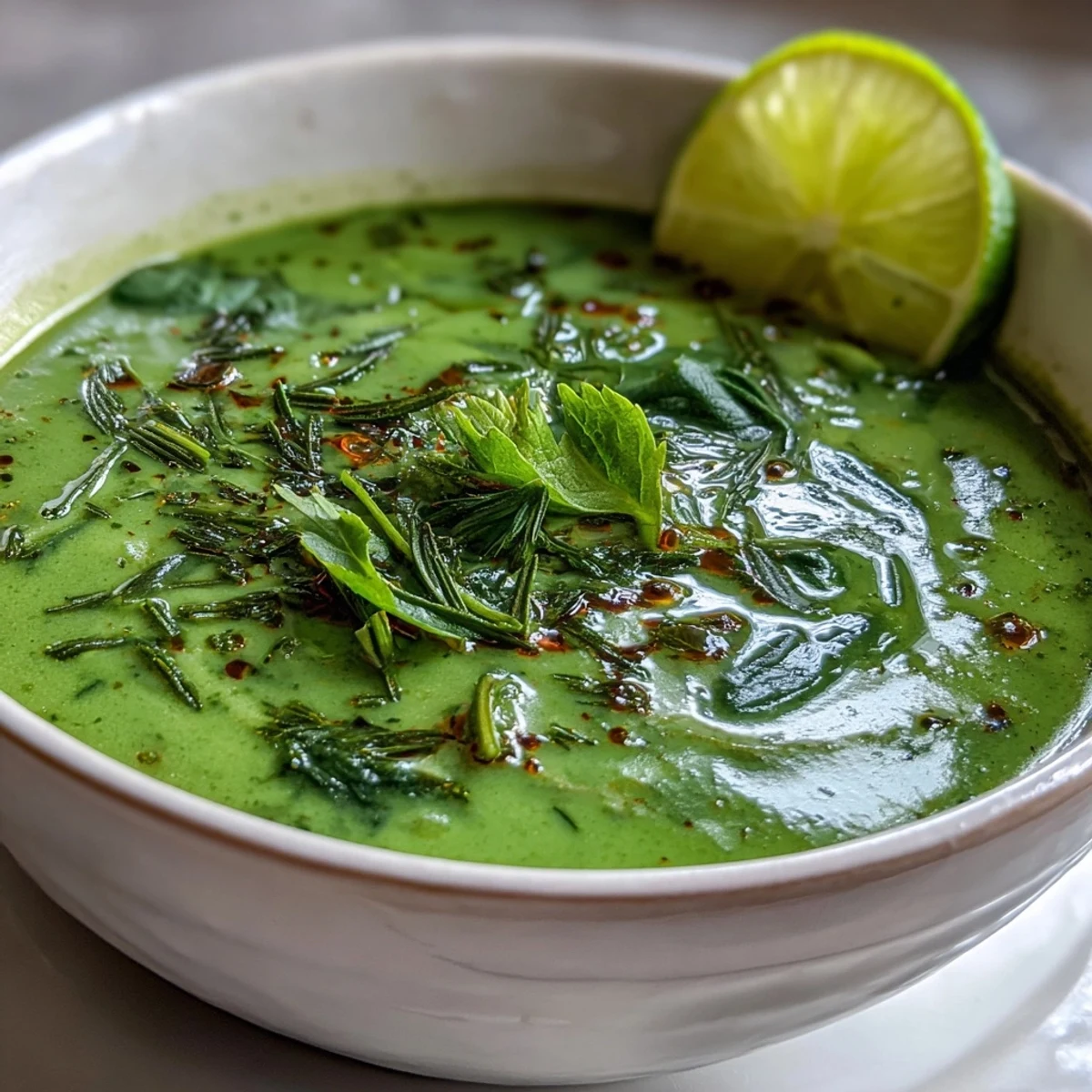 Kremige Spinat Coriander Lemongrass Suppe mit cremiger Kokosmilch-Basis und frischem Koriander garniert.