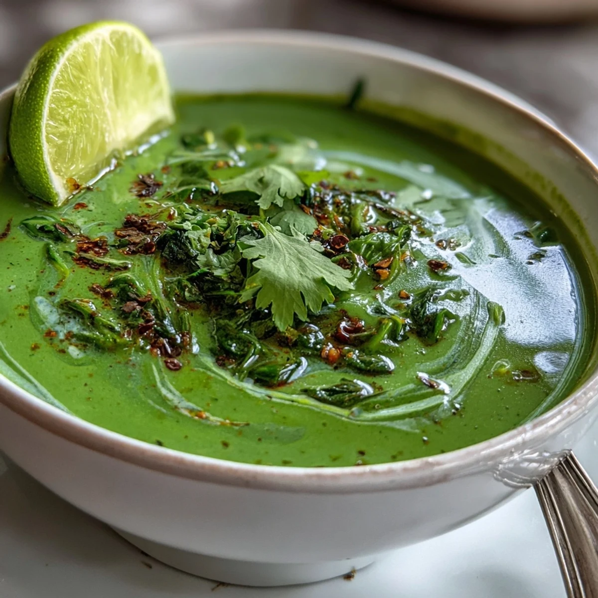 Helle Spinat Coriander Lemongrass Suppe mit lemongrass-würziger Note, serviert mit Korianderblättern und Limettenspalten.