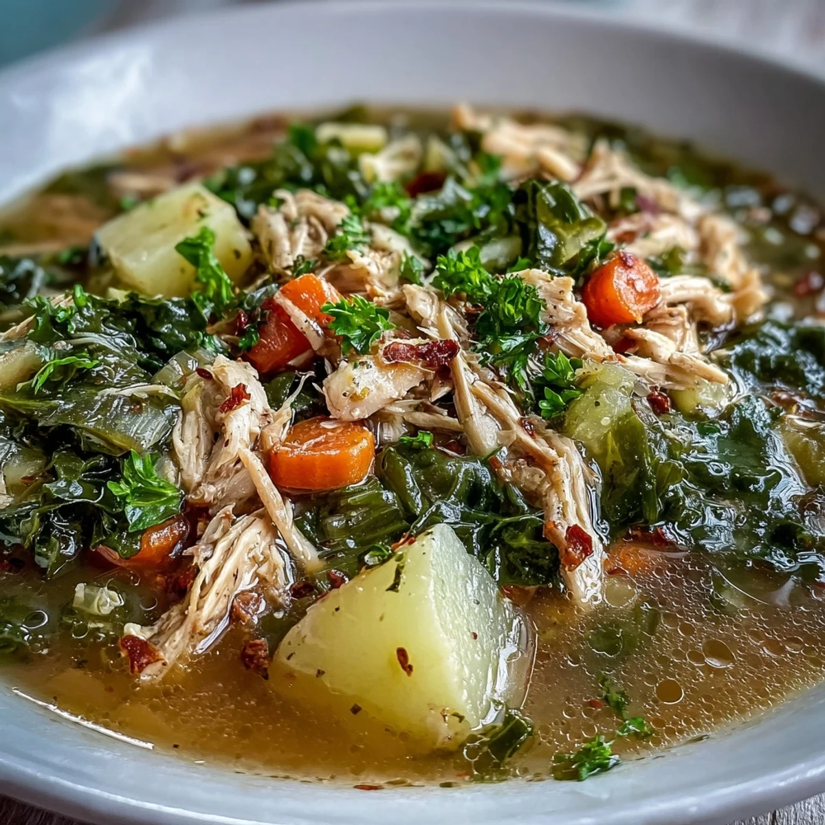 A steaming bowl of Collard Greens, Chicken and Vegetable Soup garnished with fresh parsley.