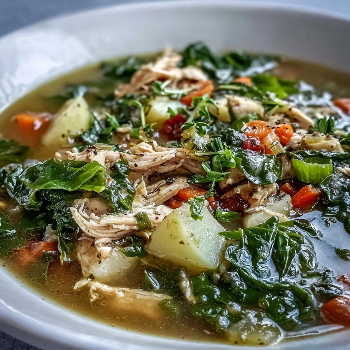 Hearty Collard Greens, Chicken and Vegetable Soup served with rustic bread for dipping.