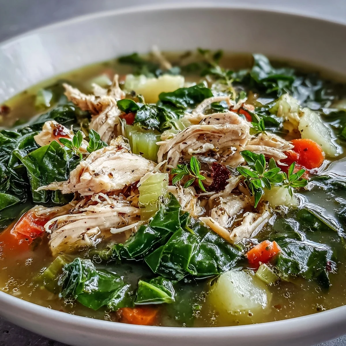 Vibrant collard greens and tender chicken simmer in this wholesome Collard Greens, Chicken and Vegetable Soup.