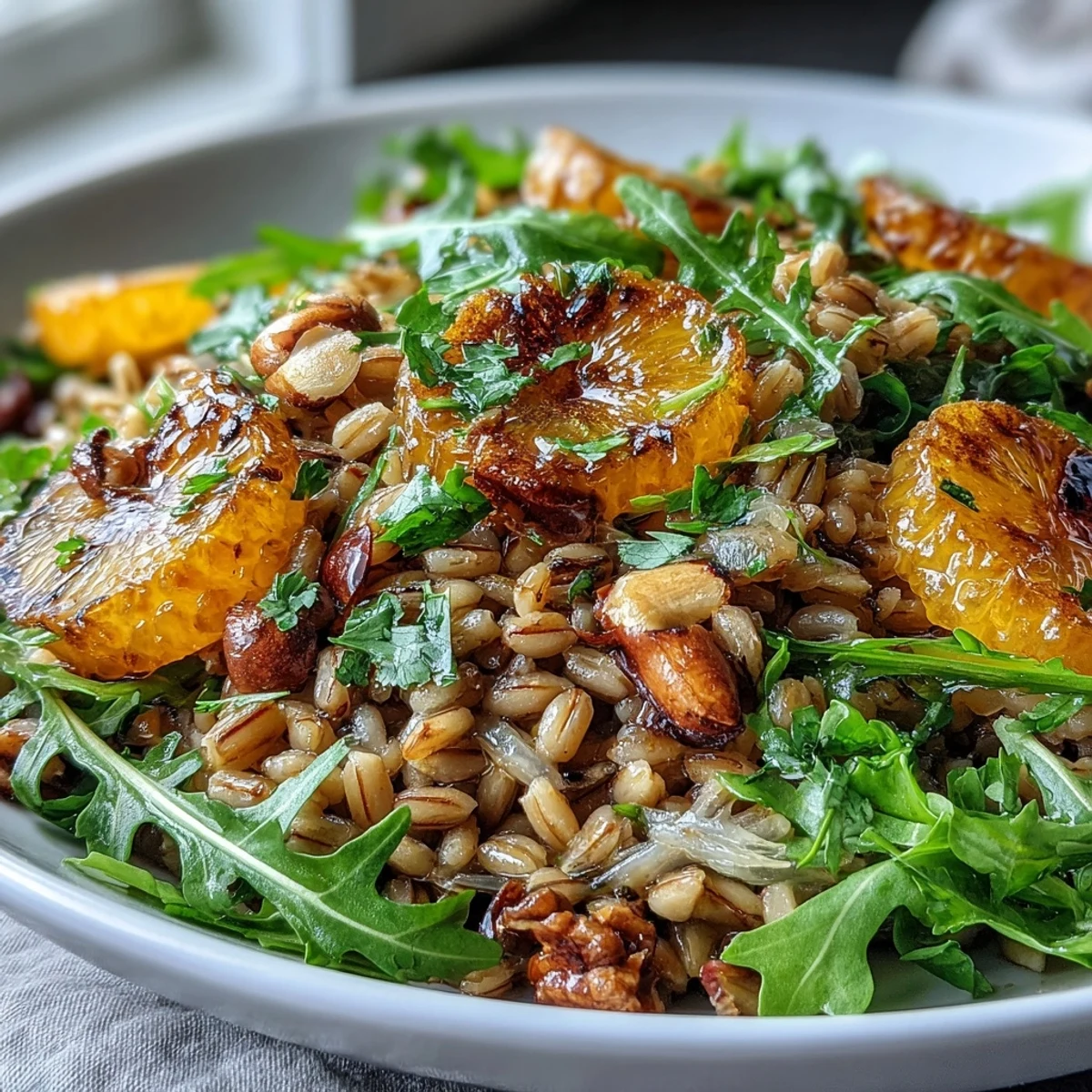 Fork-ready Farro Salad With Fennel, Oranges, and Almonds glistening with olive oil and lemon dressing, topped with fresh parsley.