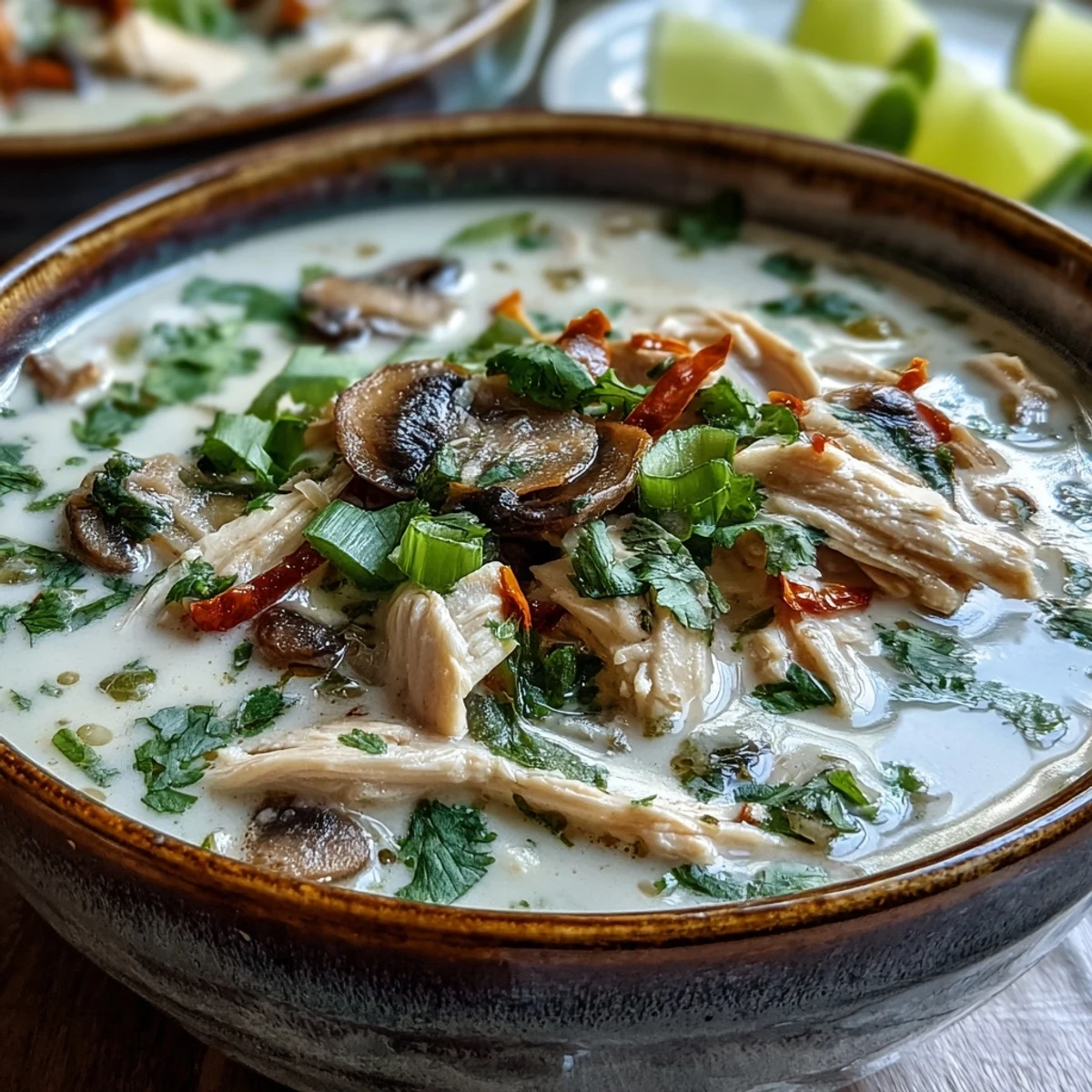 Authentic Tom Kha Gai soup with tender chicken thighs and mushrooms in creamy coconut milk, garnished with cilantro and lime wedges.