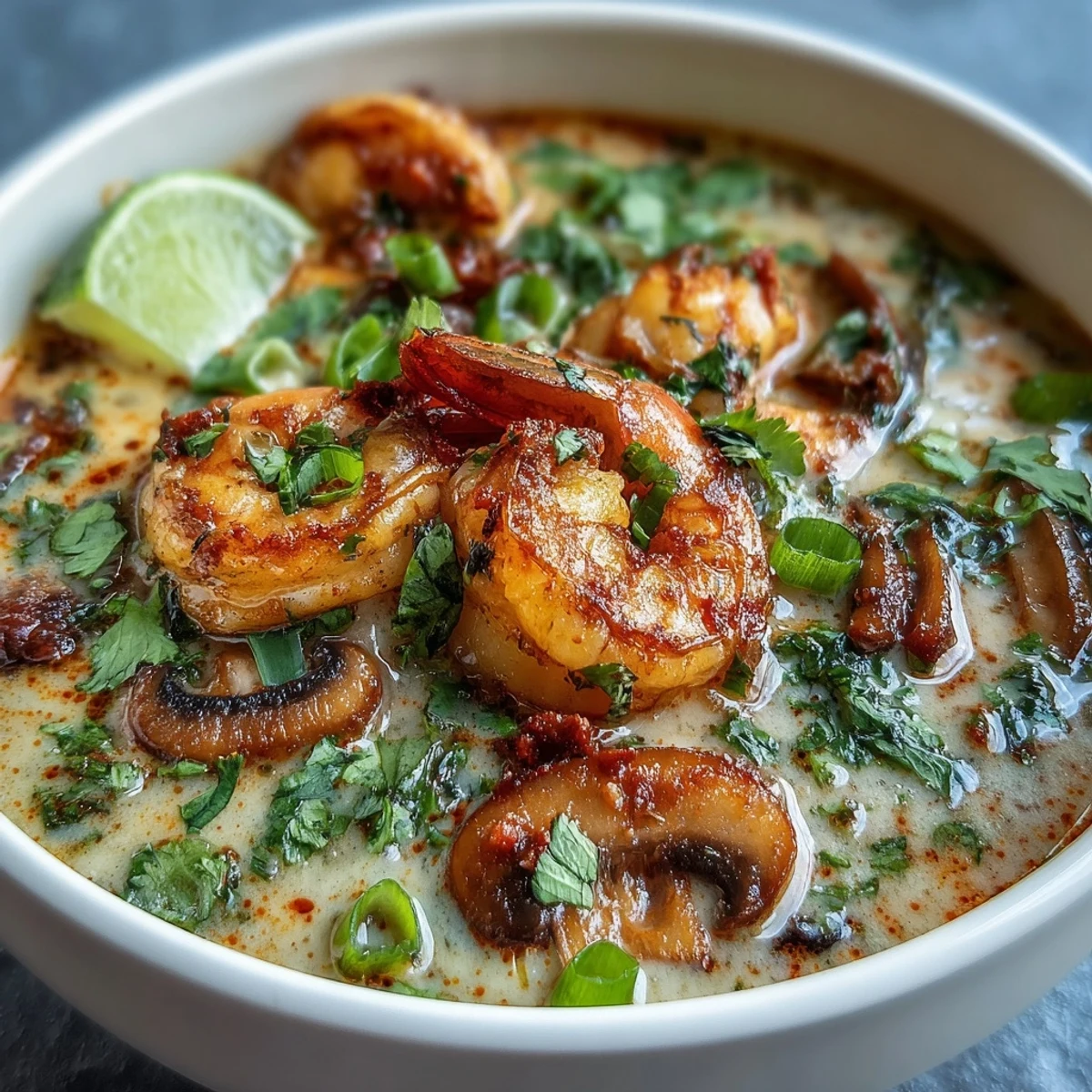 Creamy Thai Coconut Shrimp Soup with red curry and plump shrimp in a bright bowl.