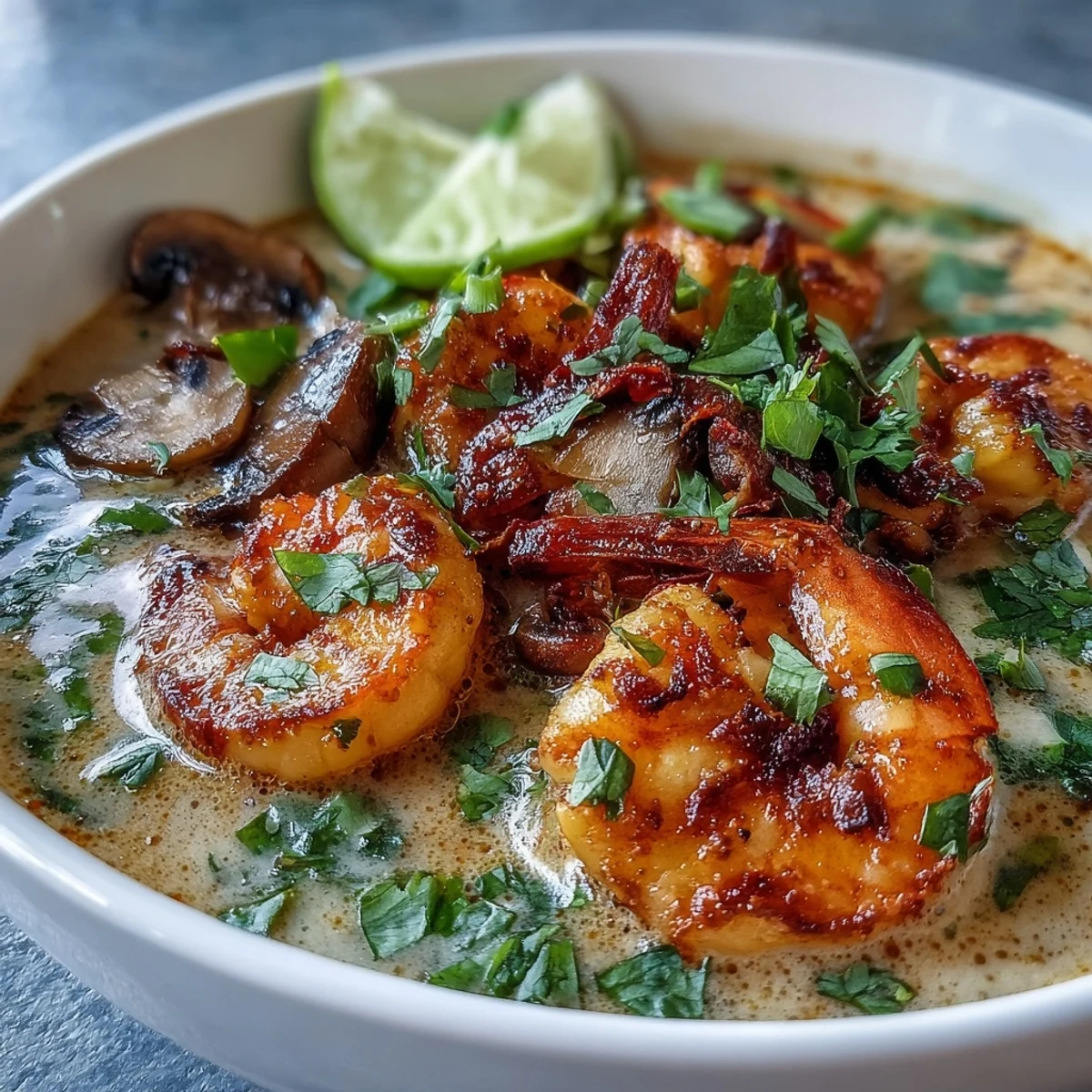 Homemade Thai Coconut Shrimp Soup simmering with mushrooms and herbs, ready to serve hot.