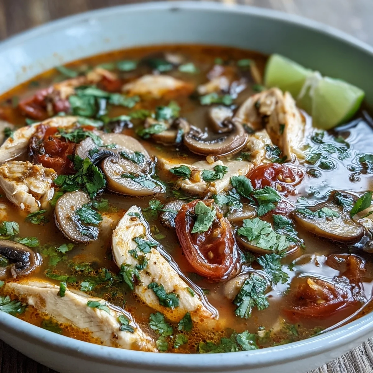 Ein dampfender Topf mit Tom Yum Gai, gefüllt mit Hühnchen, Tomaten und Pilzen in einer würzigen Brühe.