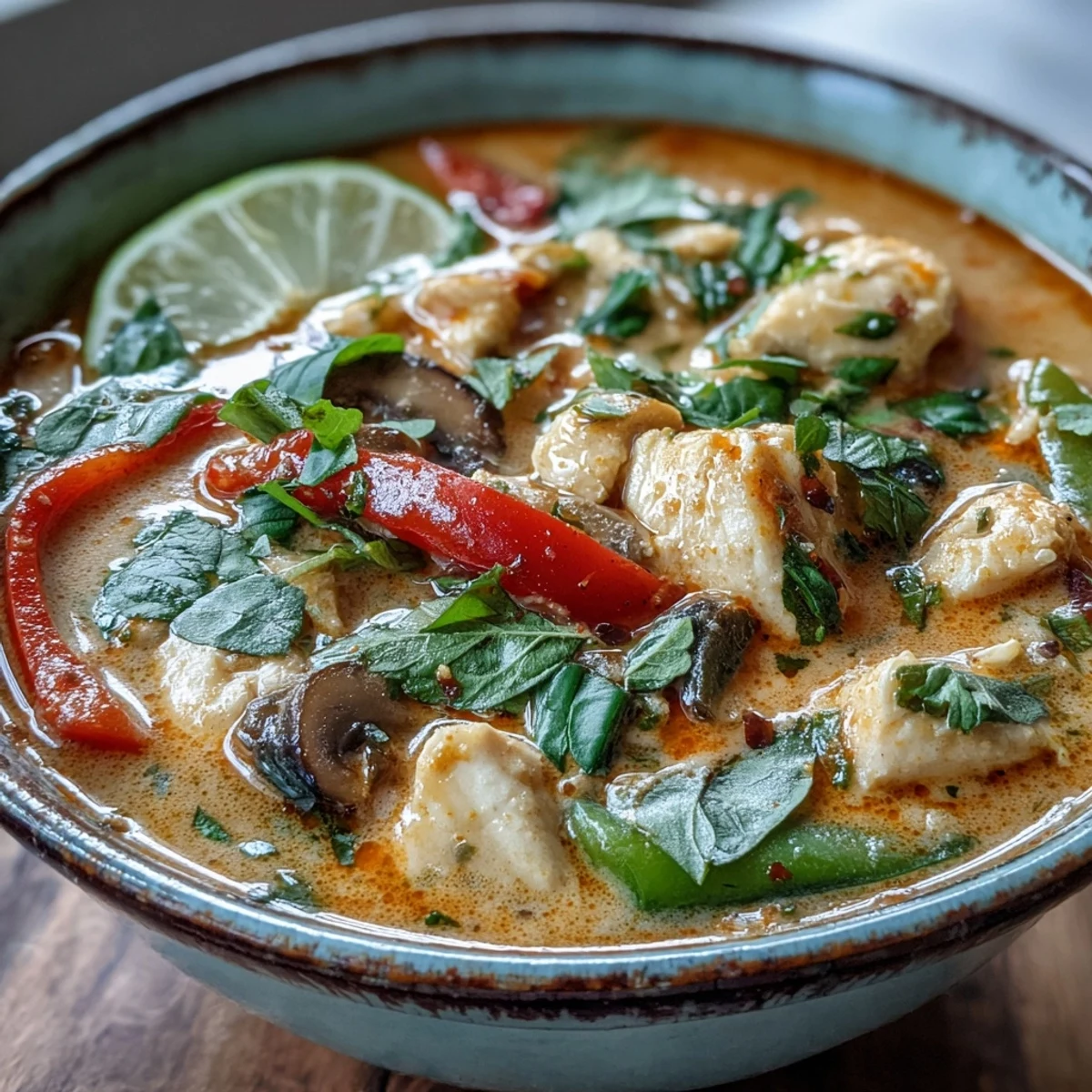 Creamy Thai Chicken Coconut Curry Soup served steaming hot in a white bowl with fresh cilantro and lime wedges