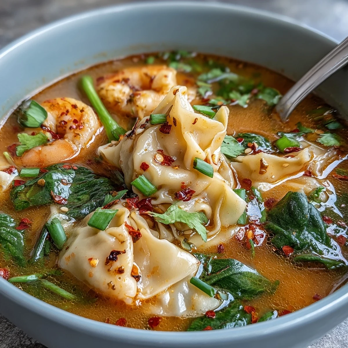 Tom Yum Wonton Soup mit dampfenden Brühen und glasigen Teigtaschen serviert in asiatischen Schalen.