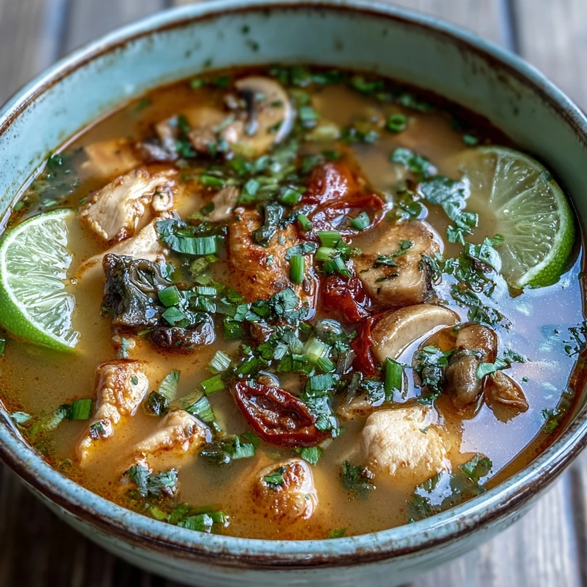 Frisch zubereitetes Tom Yum Chicken mit Zitronengras und Limettenblättern im Topf.
