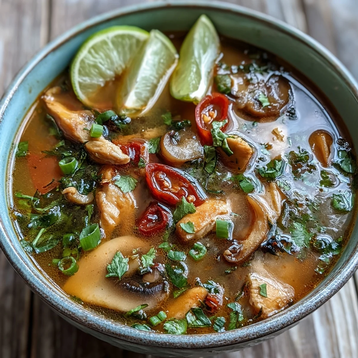 Scharfe Tom Yum Chicken Suppe mit Pilzen, Tomaten und Koriander garniert.