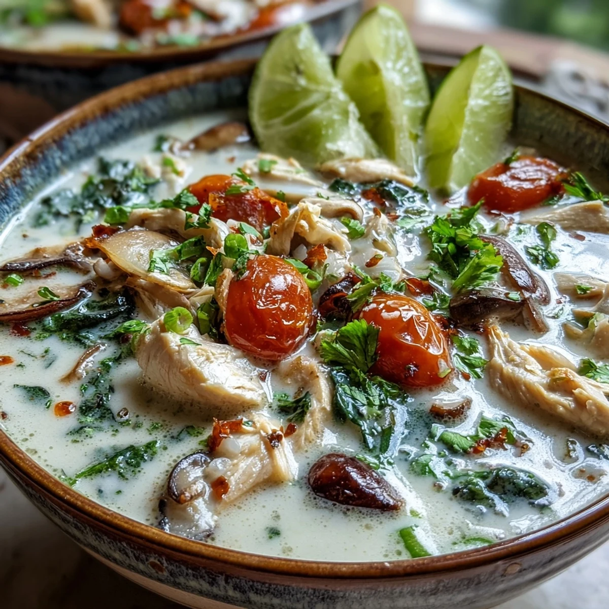Authentic Best Ever Tom Kha Gai Soup with creamy coconut milk, tender chicken, and fresh herbs.