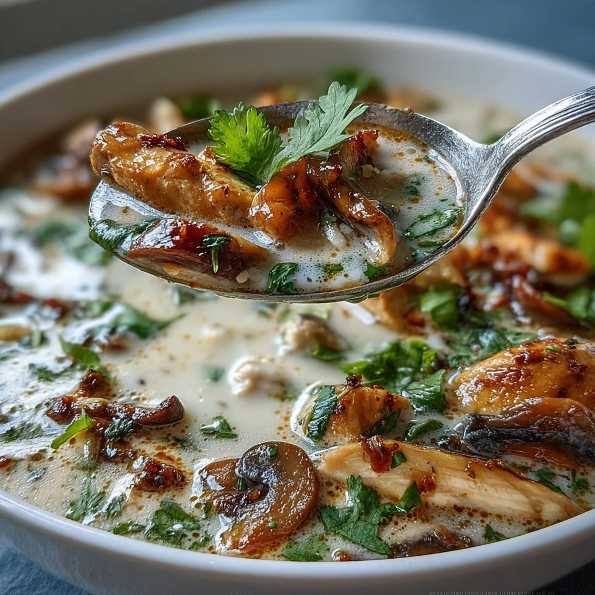 Steaming Tom Kha Soup bowl garnished with cilantro and fresh lime wedges.