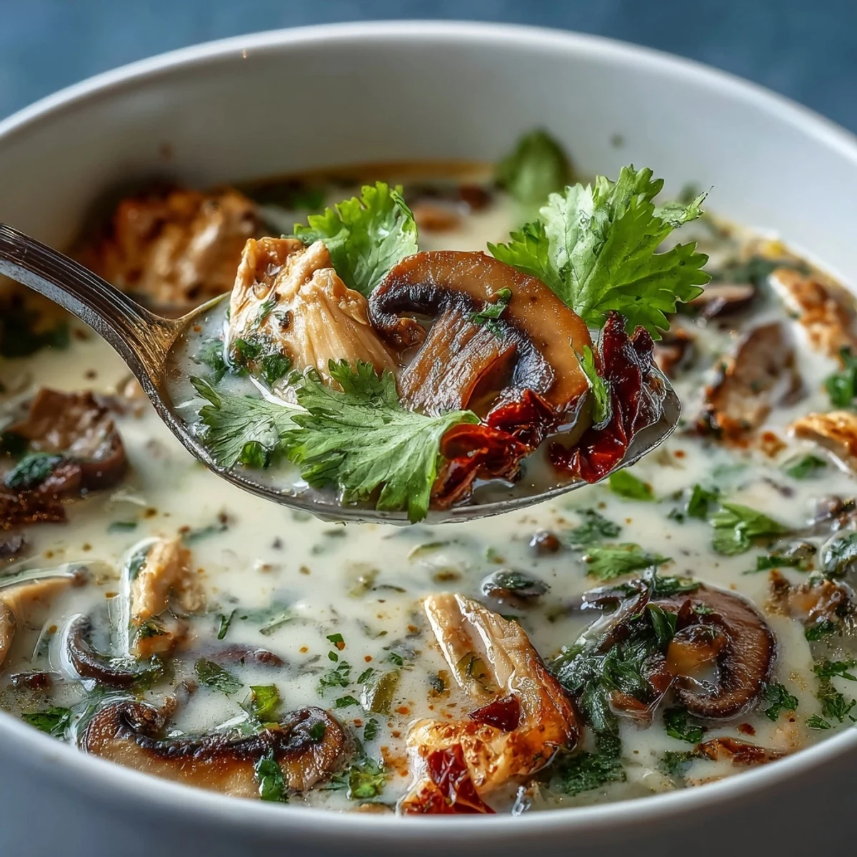 Creamy Tom Kha Soup with tender chicken, mushrooms, and aromatic coconut broth.