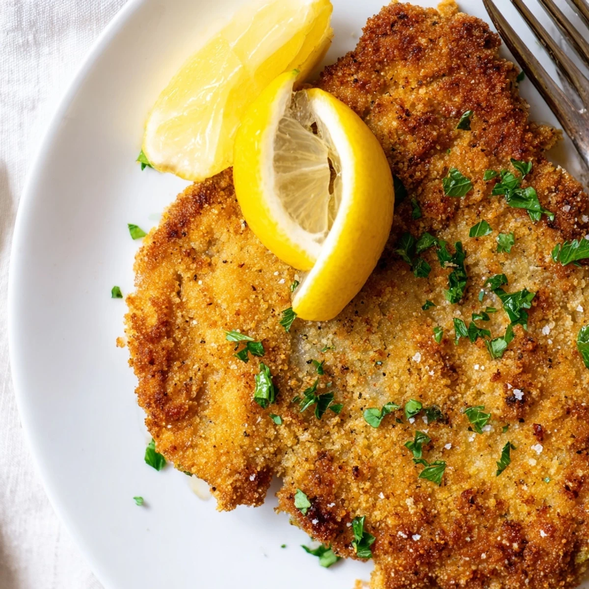 Krosse, goldene Brotpanade umhüllt zarte Schweinekoteletts in diesem Schnitzel-Rezept.  