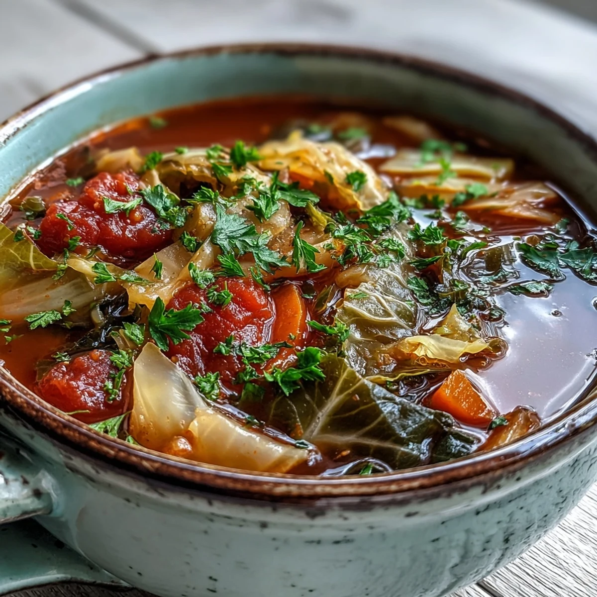 Dampfende Classic Cabbage Soup im Topf mit weichgedünstetem Grünkohl und bunten Gemüsestücken.