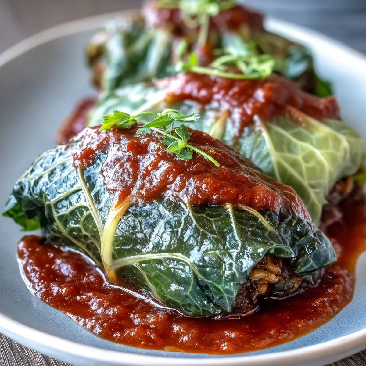Geröstete Baked Vegan Cabbage Rolls im Ofen mit blubbernder Tomatensauce, ein köstliches veganes Hauptgericht.