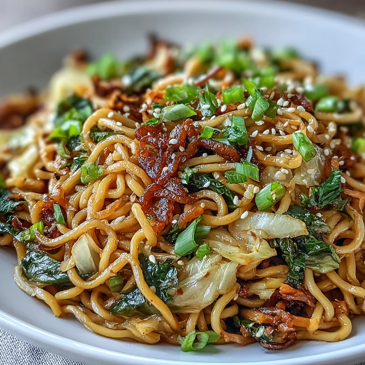 Crunchy Fried Cabbage Ramen with julienned carrots and scallions in a wok.