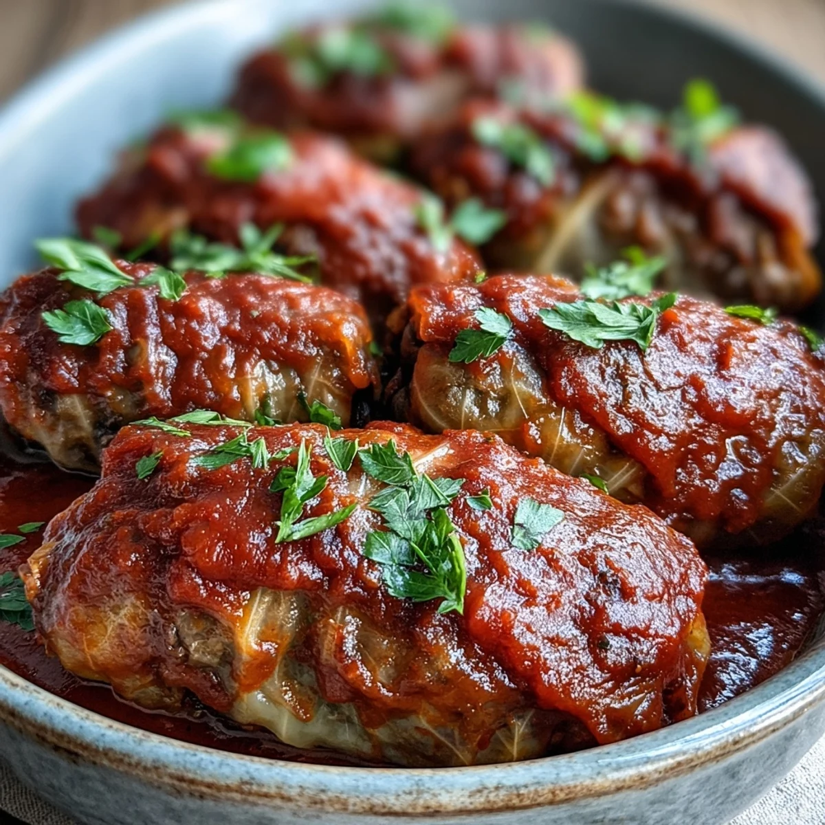 Klassische Kohlrouladen aus dem Ofen, serviert in einer reichhaltigen Tomatensauce und mit Petersilie bestreut.