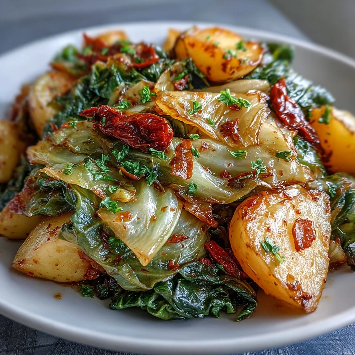 Gedünstet Kohl mit Kartoffeln und Chili duftet nach Butter und Rauch, perfekt als herzhaftes Hauptgericht.