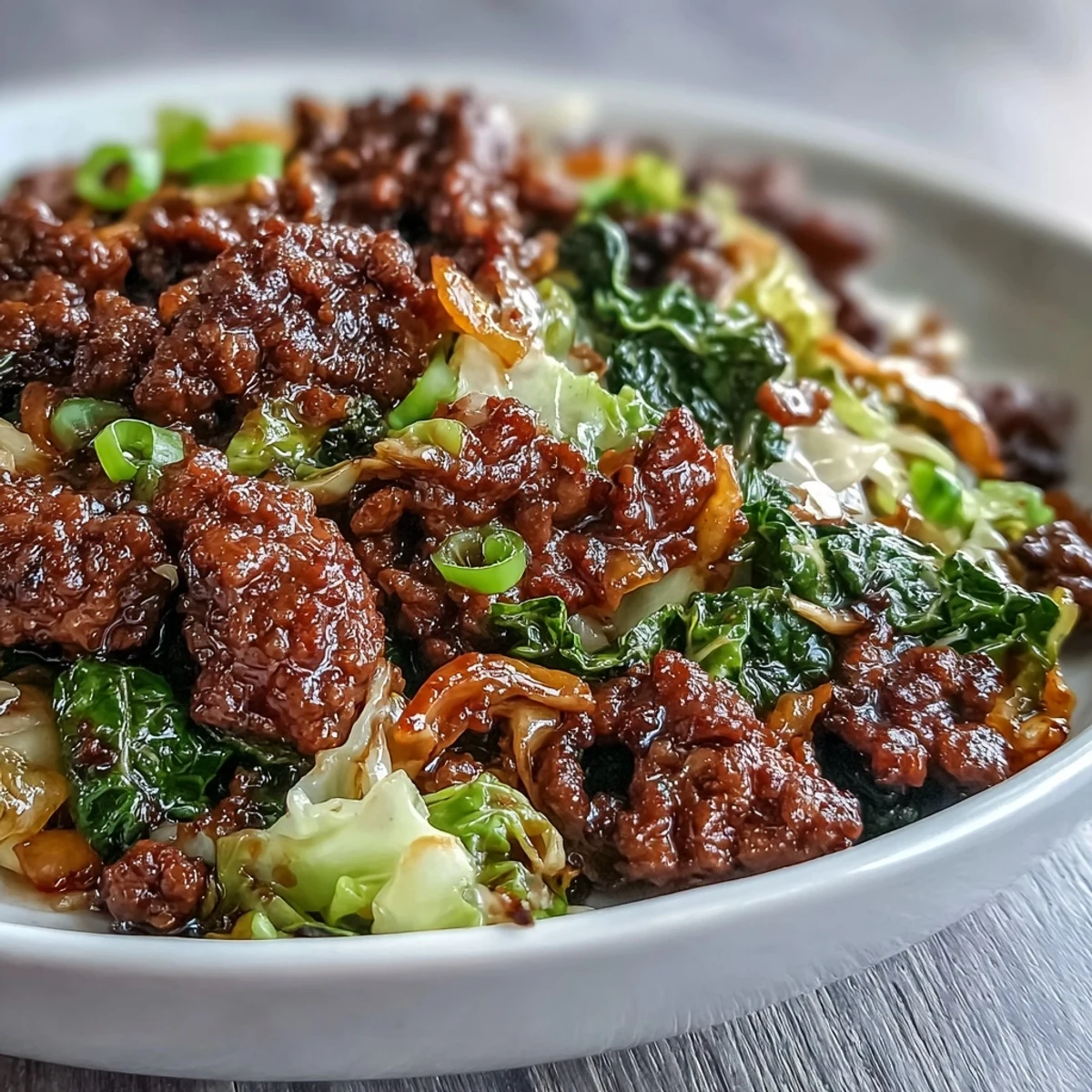 Savory Chinese Ground Beef and Cabbage Stir-Fry with tender beef, crisp cabbage, and a rich umami sauce garnished with green onions.