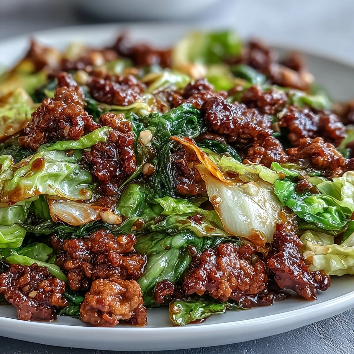 Close-up of low-carb Chinese Ground Beef and Cabbage Stir-Fry served hot, showcasing golden beef and vibrant, saucy vegetables in a skillet.
