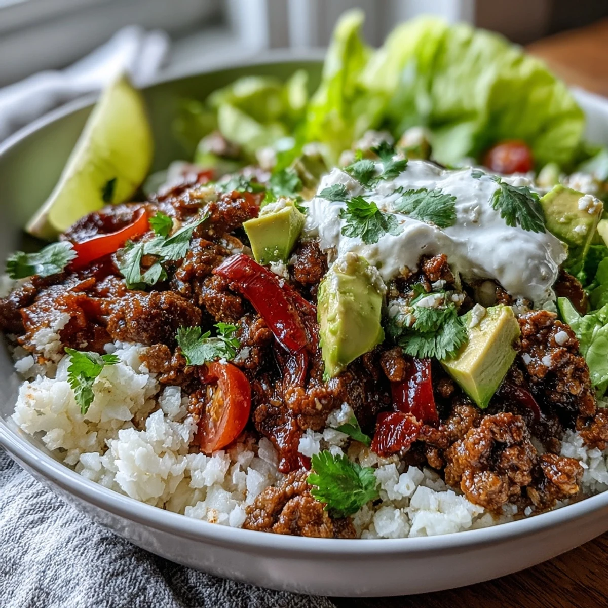 Low Carb Burrito Bowl with sizzling beef, cauliflower rice, and fresh avocado garnish