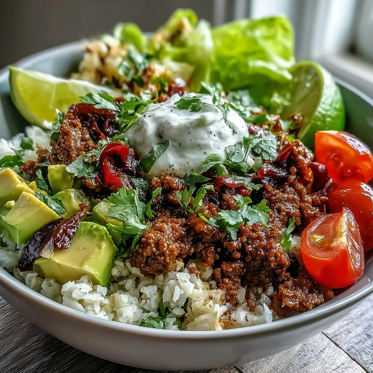 Low Carb Burrito Bowl topped with cheddar, sour cream, and lime wedges for serving