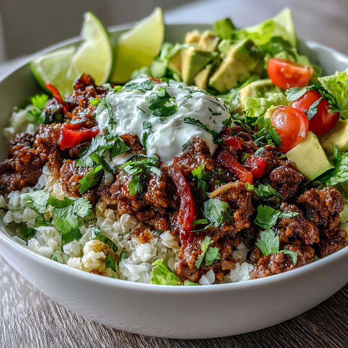 Ground beef Low Carb Burrito Bowl with crisp lettuce, tomatoes, and creamy avocado chunks