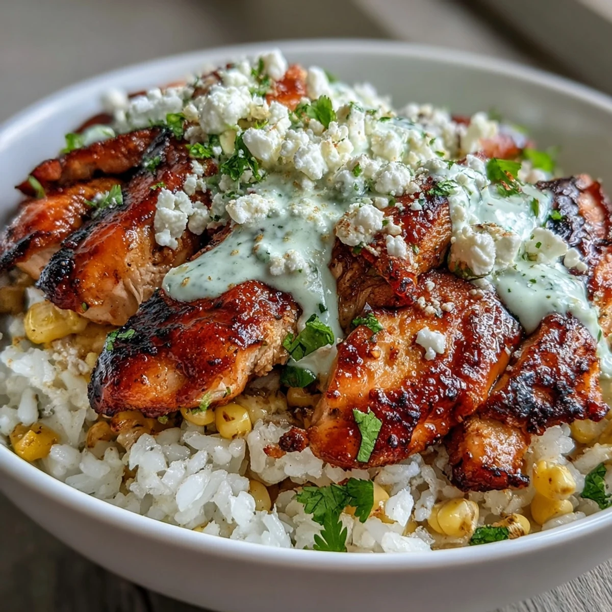 Citrusmarinierte Hähnchenschenkel auf Bett aus fluffy Reis mit würzigem, gegrilltem Mais in Street Corn Chicken and Rice Bowls.