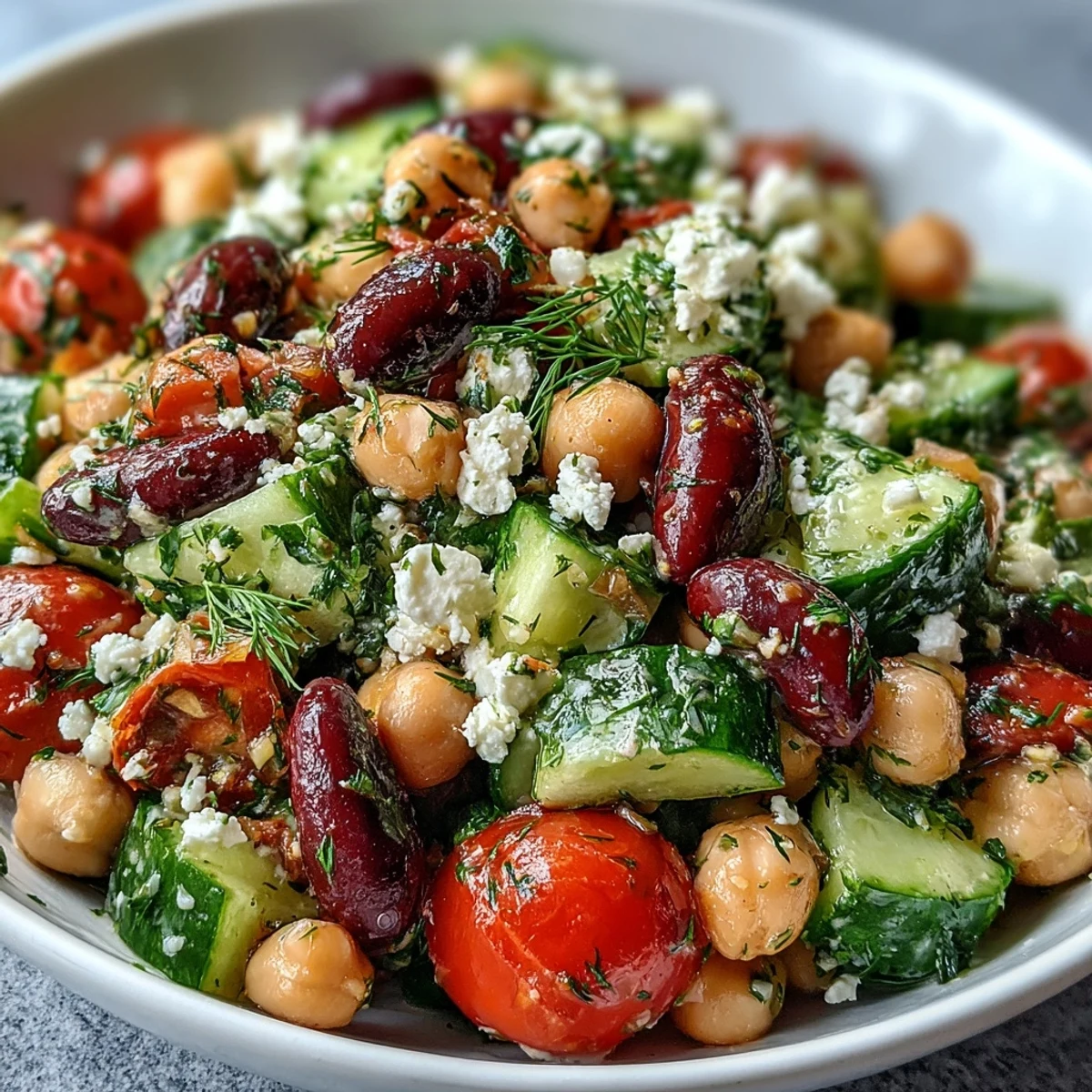 Healthy Greek Bean Salad with Lemon Marinated Beans in a colorful bowl, perfect for a vegetarian lunch.