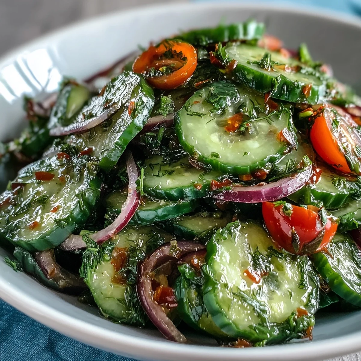 Refreshing Crunchy Cucumber Salad with thinly sliced cucumbers and red onion in a tangy vinegar dressing.