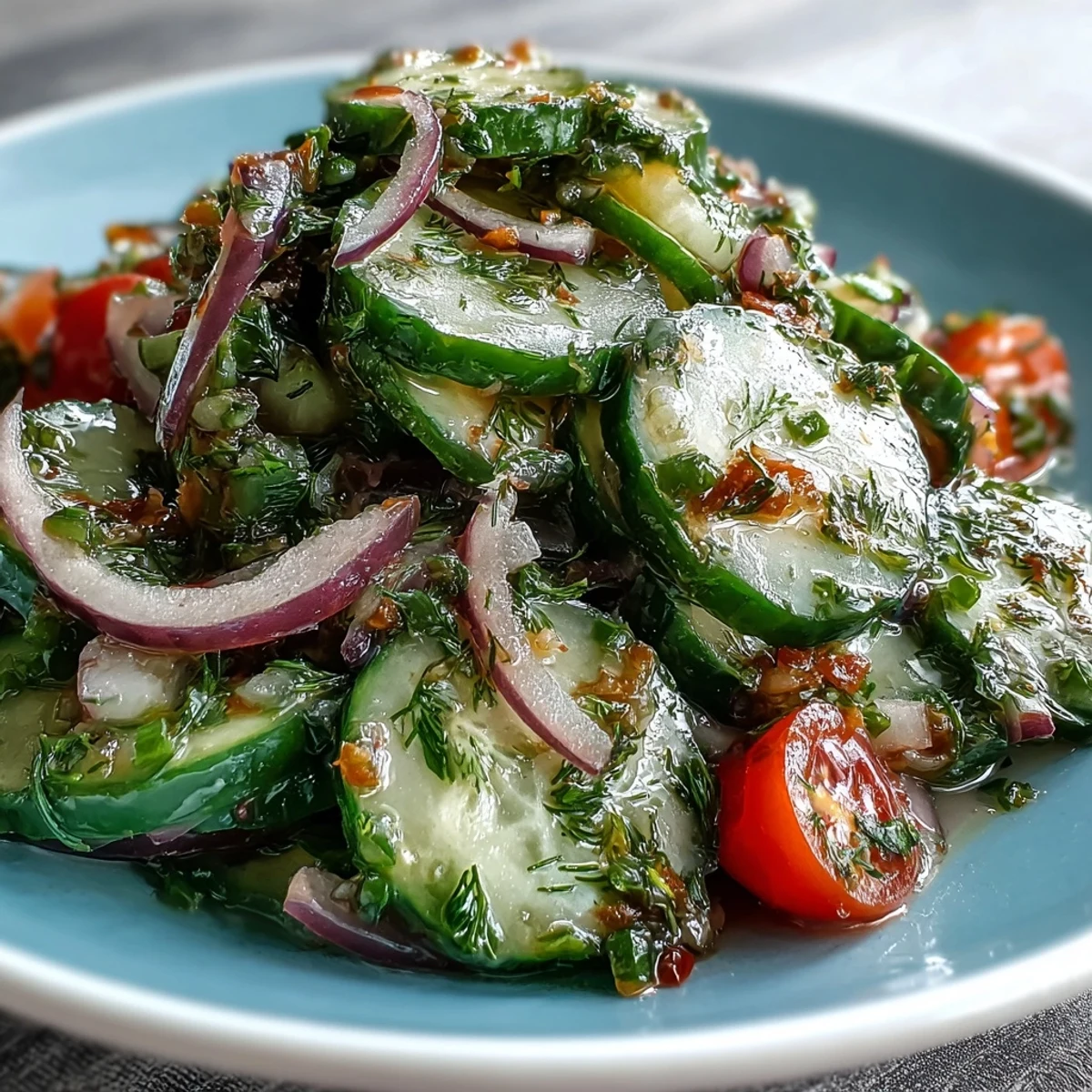 Bright Refreshing Crunchy Cucumber Salad served chilled on a plate, with fresh dill and crisp cucumbers.