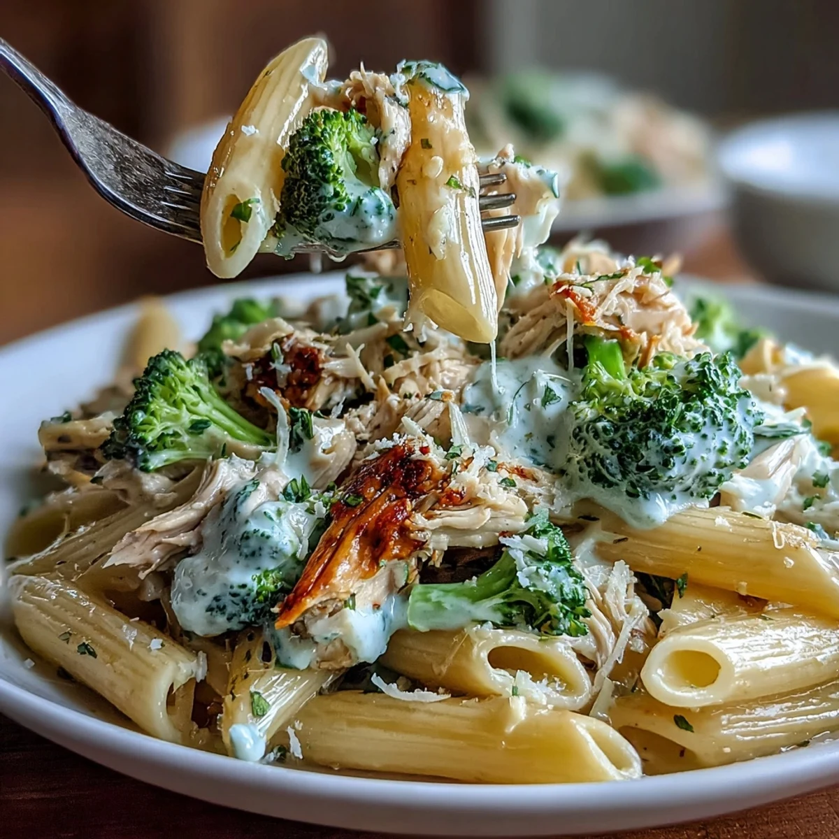 High Protein Rotisserie Chicken Broccoli Pasta mit knusprigen Brokkoliröschen, saftigem Hähnchen und cremiger Joghurt-Käse-Sauce in einer Schüssel