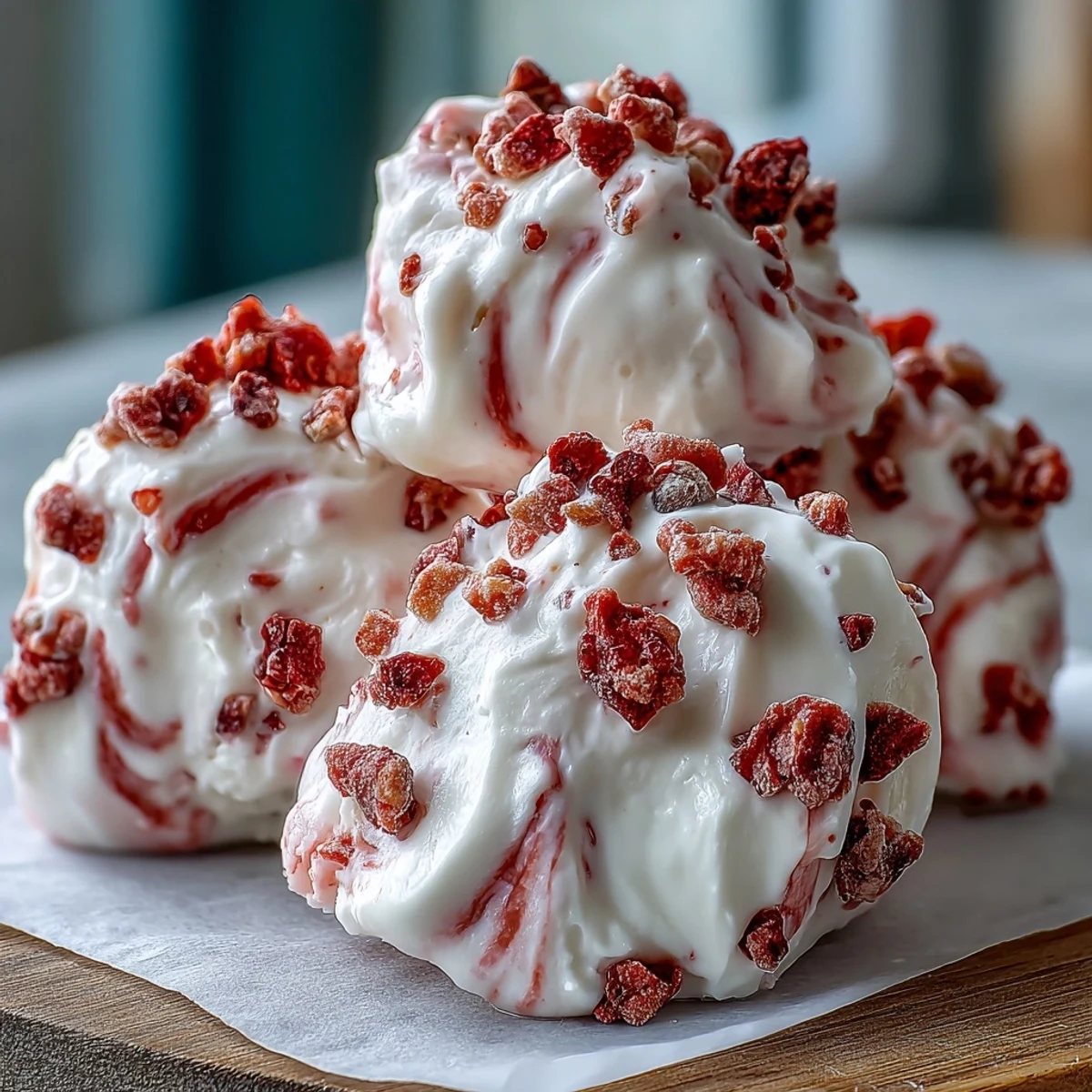 A close-up of Strawberry & Banana Yoghurt Clusters made with Greek yogurt, revealing a marbled texture with honey and fresh fruit mix-ins for an easy treat.