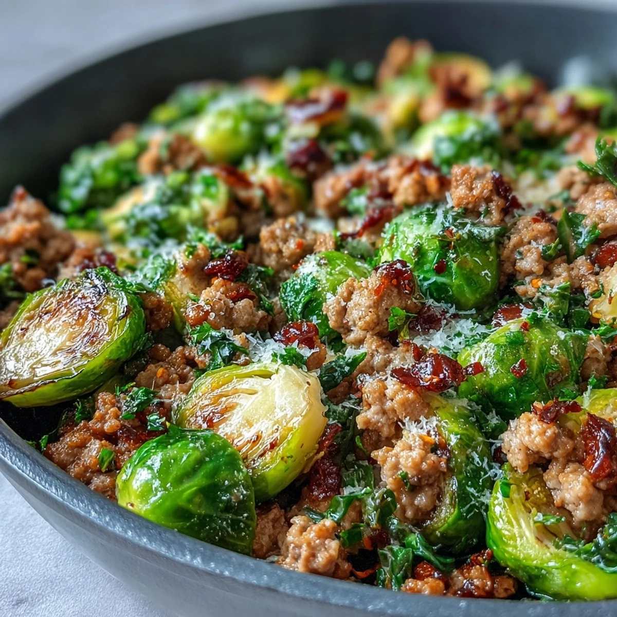 Brussels Sprouts & Ground Turkey Skillet mit knusprig anbratenen Kohlrabi und saftigem Truthahn aus der Pfanne.