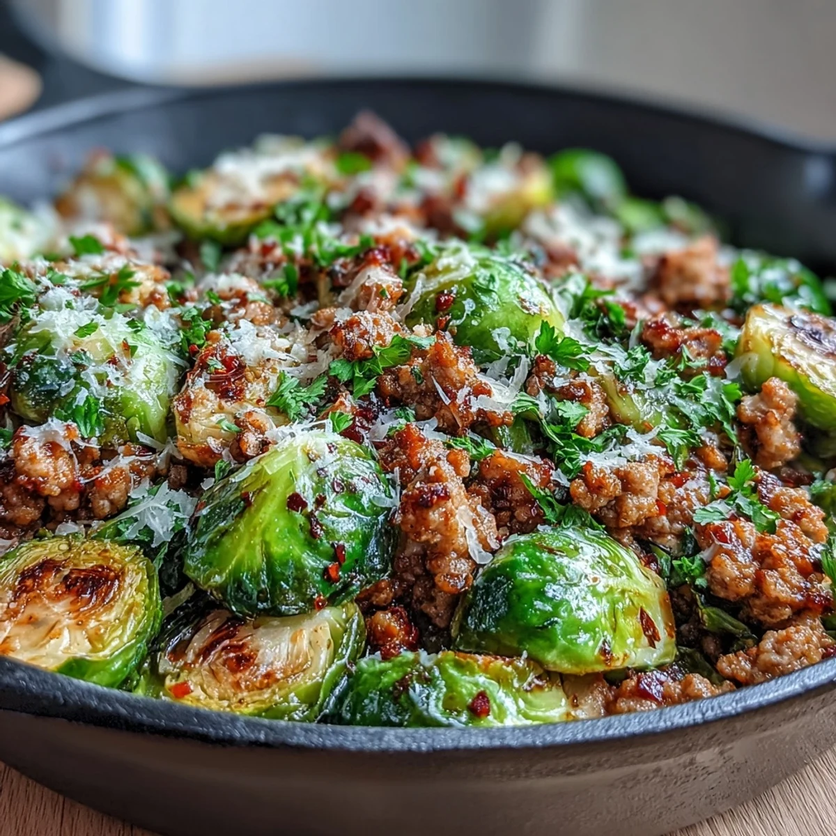 Serviert mit frischer Zitrone: Brussels Sprouts & Ground Turkey Skillet als gesundes Abendessen für die ganze Familie.