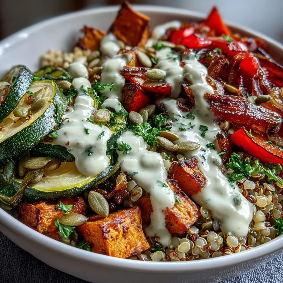 Leckere Lentil Power Bowl mit Quinoa und geröstetem Süßkartoffelgemüse.