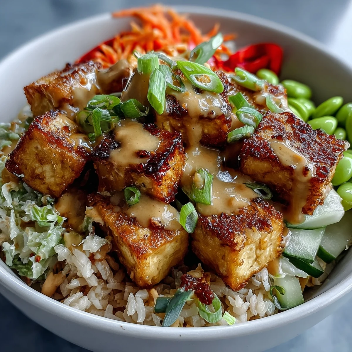 Healthy Peanut Tofu Power Bowl featuring golden tofu, crunchy veggies, and a savory-sweet drizzle.