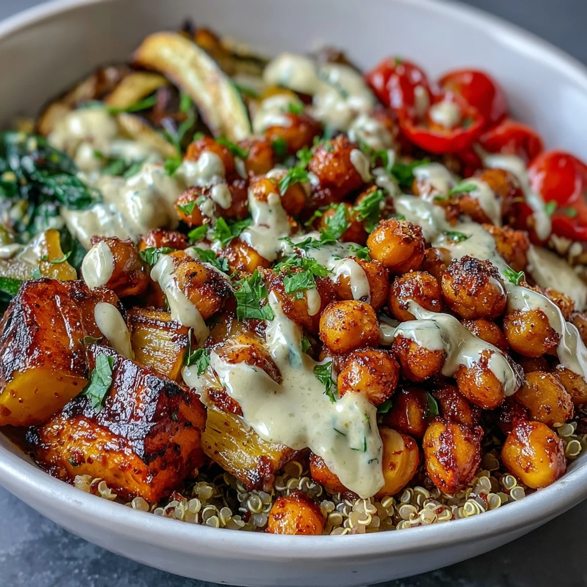 Genießen Sie eine gesunde Kichererbsen-Gemüse-Bowl, getoppt mit leckerem Tahini-Dressing.