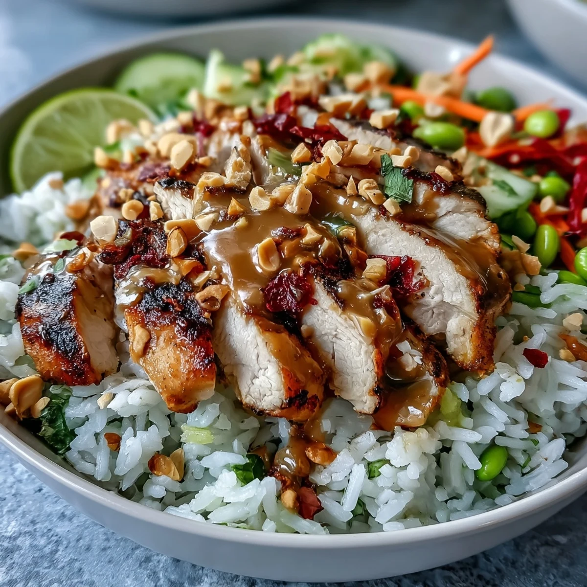 Ein leckerer Teller mit „Coconut Rice Peanut Bowl“, gefüllt mit fluffigem Kokosreis, gegrilltem Hähnchen, knackigem Gemüse und cremiger Erdnusssauce.